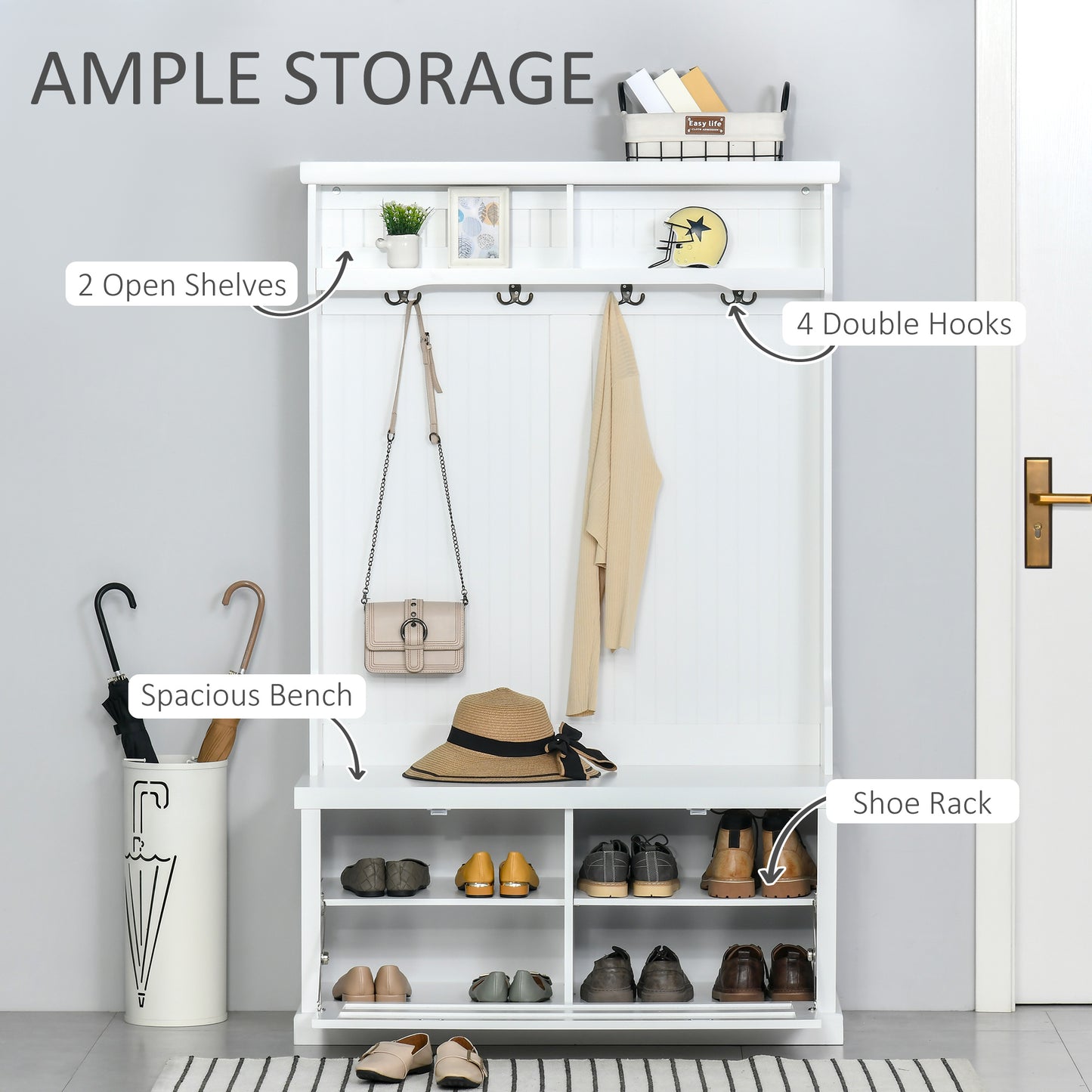Armoire 3 en 1 avec 4 crochets doubles et 2 étagères, cintre pour entrée, salon, blanc