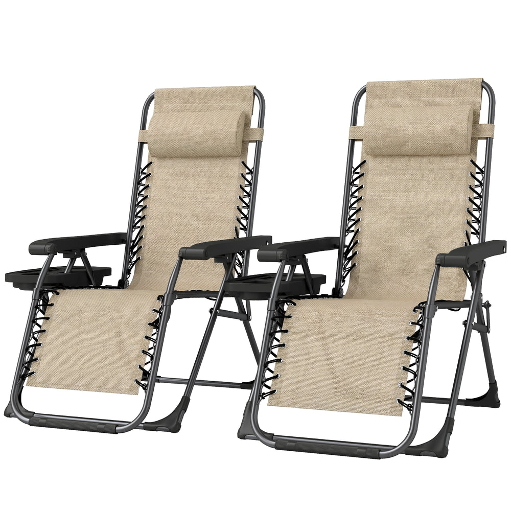 Ensemble de 2 chaises longues d'extérieur pliantes et inclinables, avec porte-gobelet et appui-tête, marron clair
