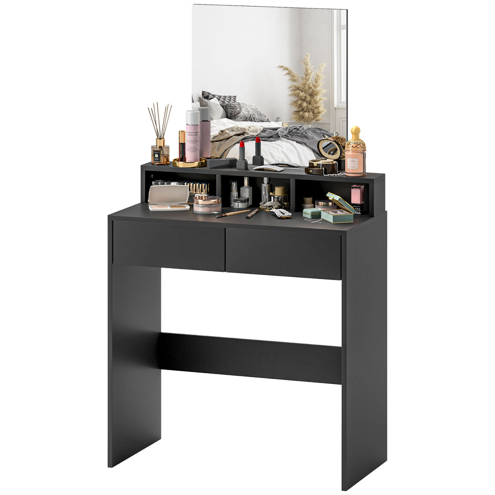Coiffeuse avec miroir, tiroirs et compartiments, noire