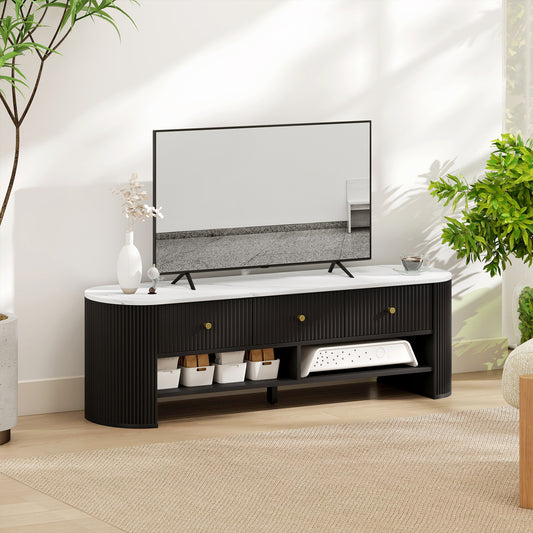 Meuble TV moderne avec plateau effet marbre, 3 tiroirs et 2 étagères ouvertes pour téléviseur de 32 à 65 pouces, noir