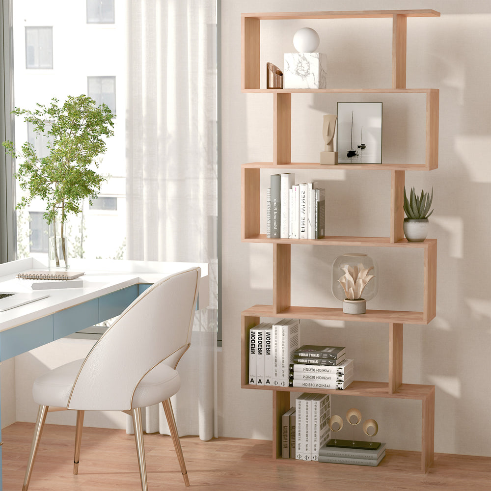 Bibliothèque géométrique en bois à 6 niveaux en forme de S, érable