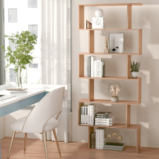 6-Tier S-Shaped Geometric Wooden Bookcase, Maple