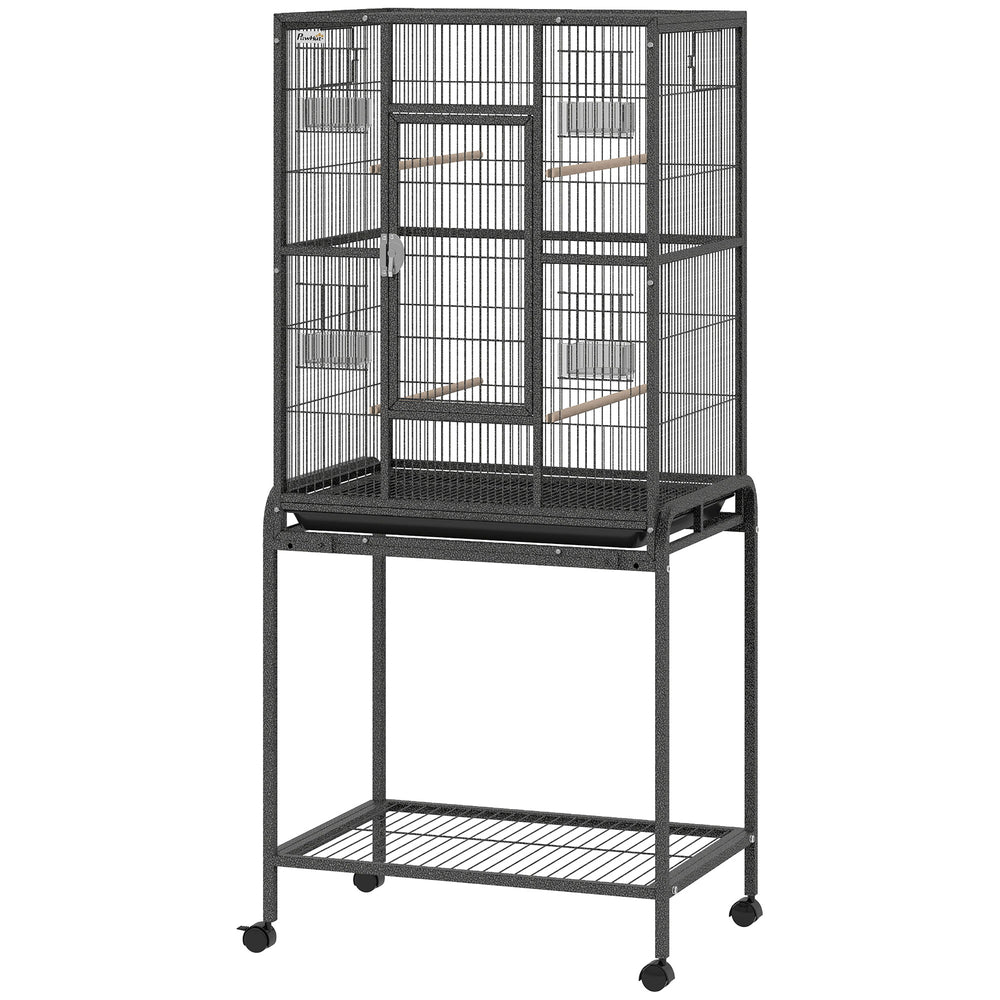 Large bird cage with rolling stand, 4 perches and 4 feeders – Black