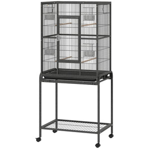56"H Bird Cage, Parrot Cage with Detachable Rolling Stand, Removable Tray, Storage Shelf, Perches, Food Container