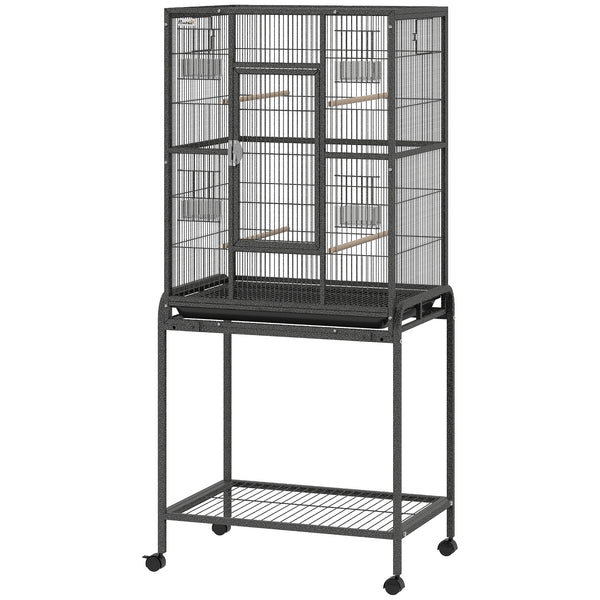 56"H Bird Cage, Parrot Cage with Detachable Rolling Stand, Removable Tray, Storage Shelf, Perches, Food Container