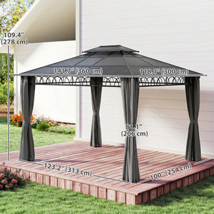 Gazebo 10' x 12' à double toit rigide avec toit en polycarbonate, structure en acier, moustiquaires et rideaux