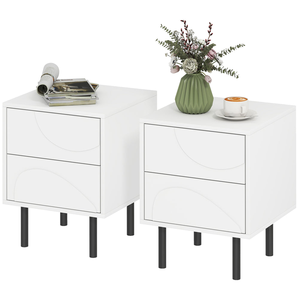 Ensemble de 2 tables de chevet moderne avec tiroirs à ouverture par pression et pieds en acier, blanc