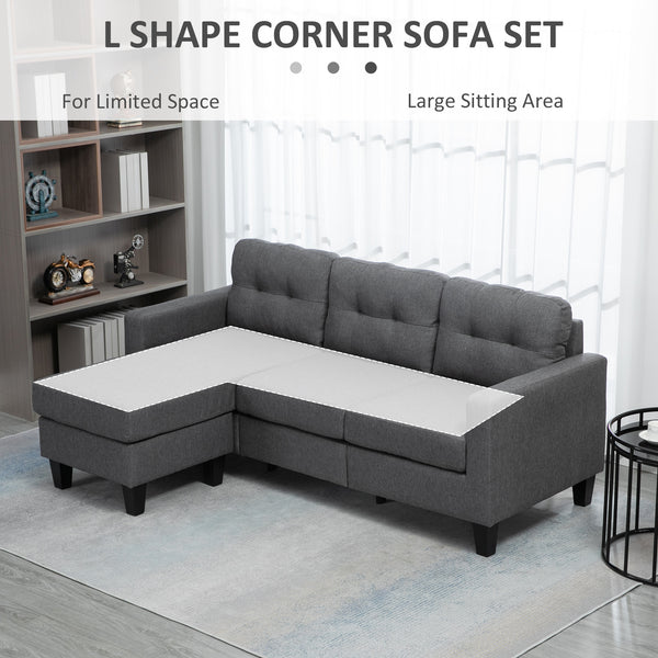 Canapé 3 places avec pouf, coussin épais et pieds en bois, gris foncé