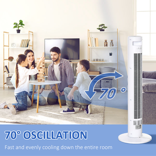Ventilateur tour autonome avec 3 vitesses, minuterie 12 h, oscillant, panneau de capteur LED, télécommande, blanc