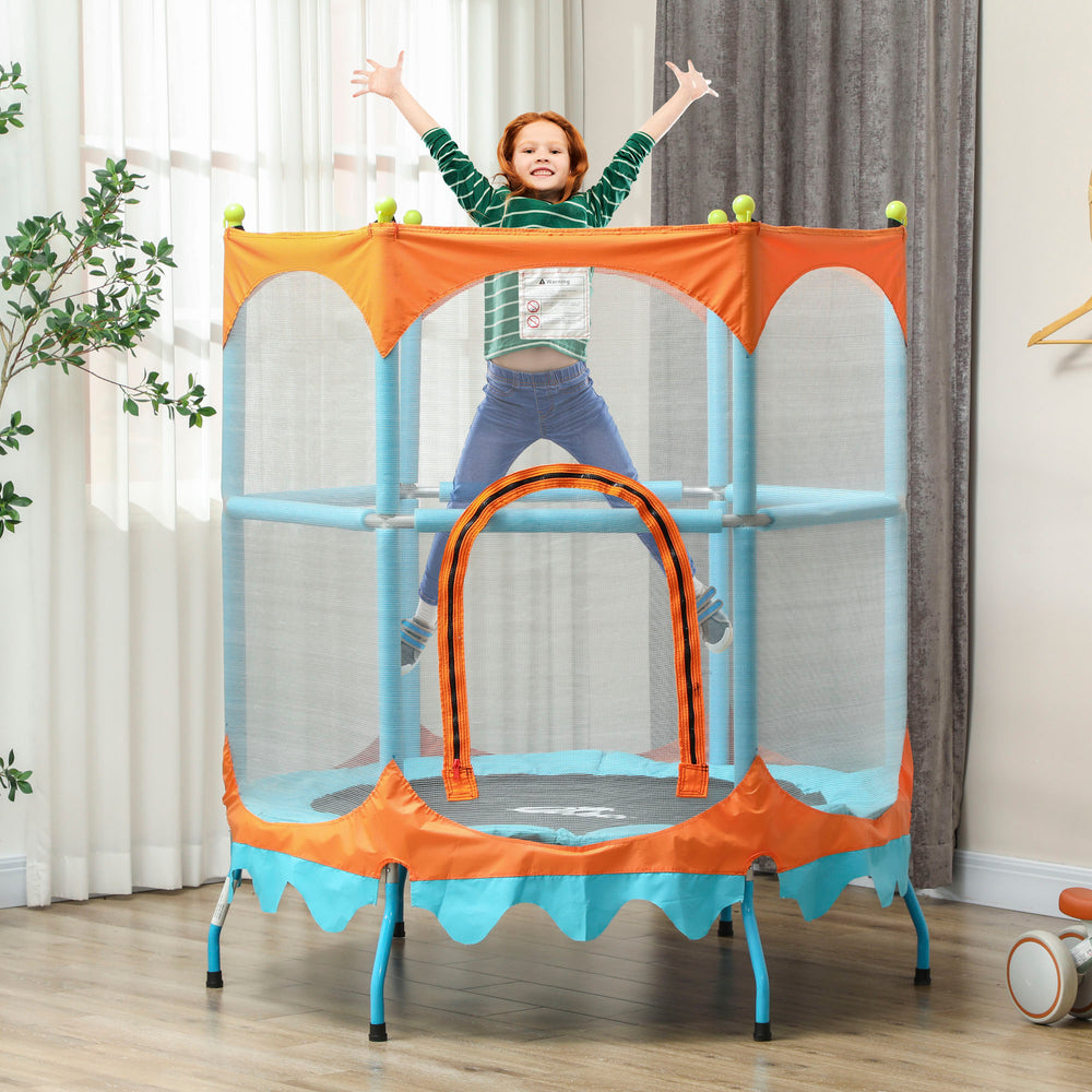 4.6-foot mini trampoline with support bar and safety net, blue