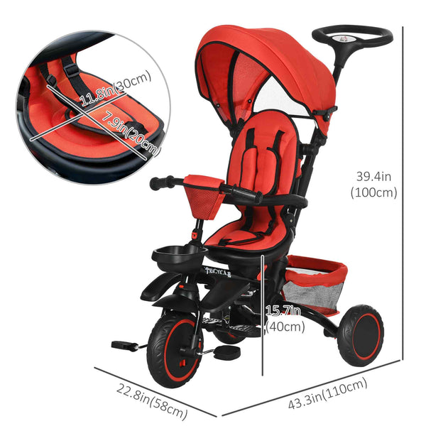 6-in-1 Toddler Tricycle for 12-50 Months, Foldable with Adjustable Seat, Safety Harness, Removable Canopy, Red