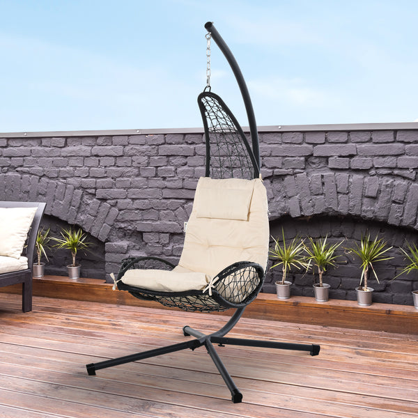Outdoor Patio Wicker Hanging Egg Chair with Stand, Hammock Swing Chair with Cushion and Pillow, swing Chair with Stand, Cup Holder for Backyard, Garden, Porch, Beige