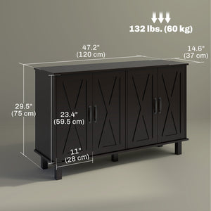 Buffet de cuisine avec 4 portes de grange et 2 étagères réglables, noir