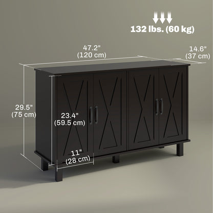 Buffet de cuisine avec 4 portes de grange et 2 étagères réglables, noir