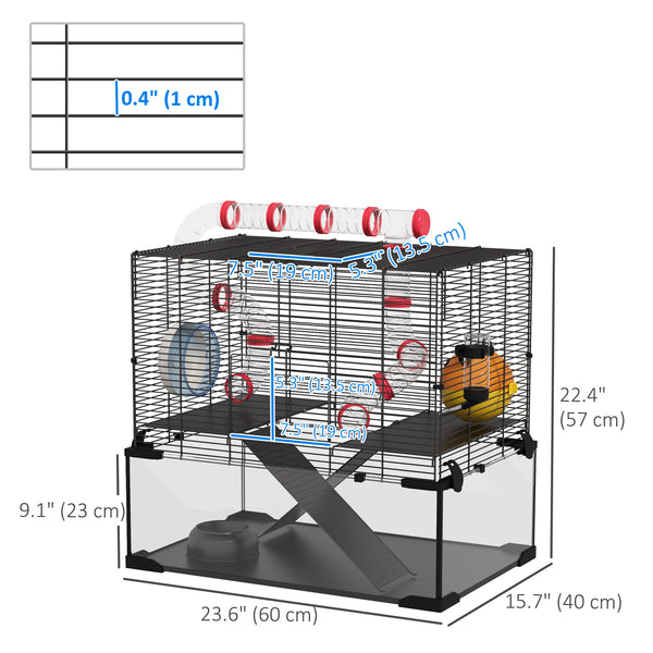 Cage avec fond en verre profond, système de tunnels, plateformes et niche