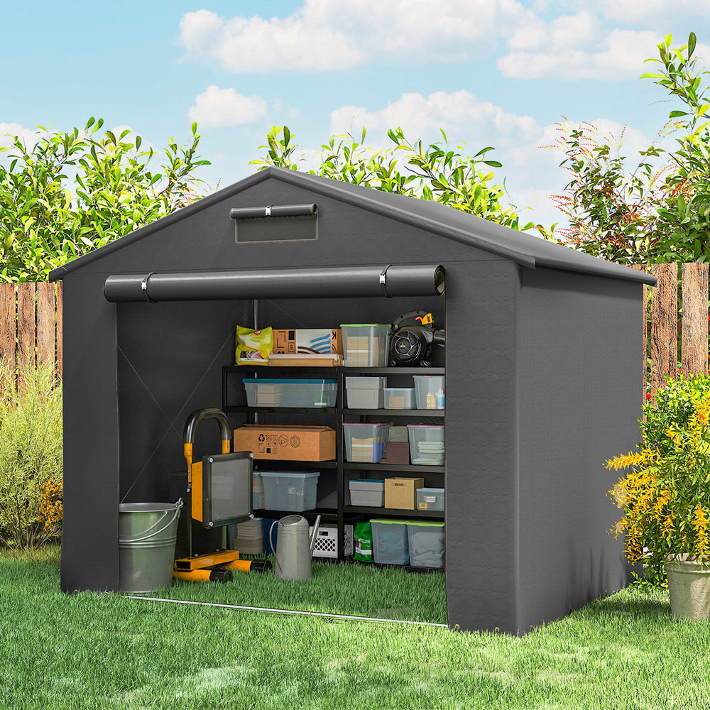 Abri de jardin portable imperméable avec porte zippée enroulable, gris foncé