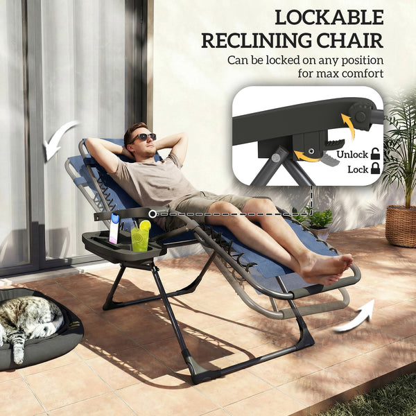Ensemble de 2 chaises longues d'extérieur Zero Gravity, pliantes et inclinables, avec porte-gobelet et appui-tête, bleu foncé