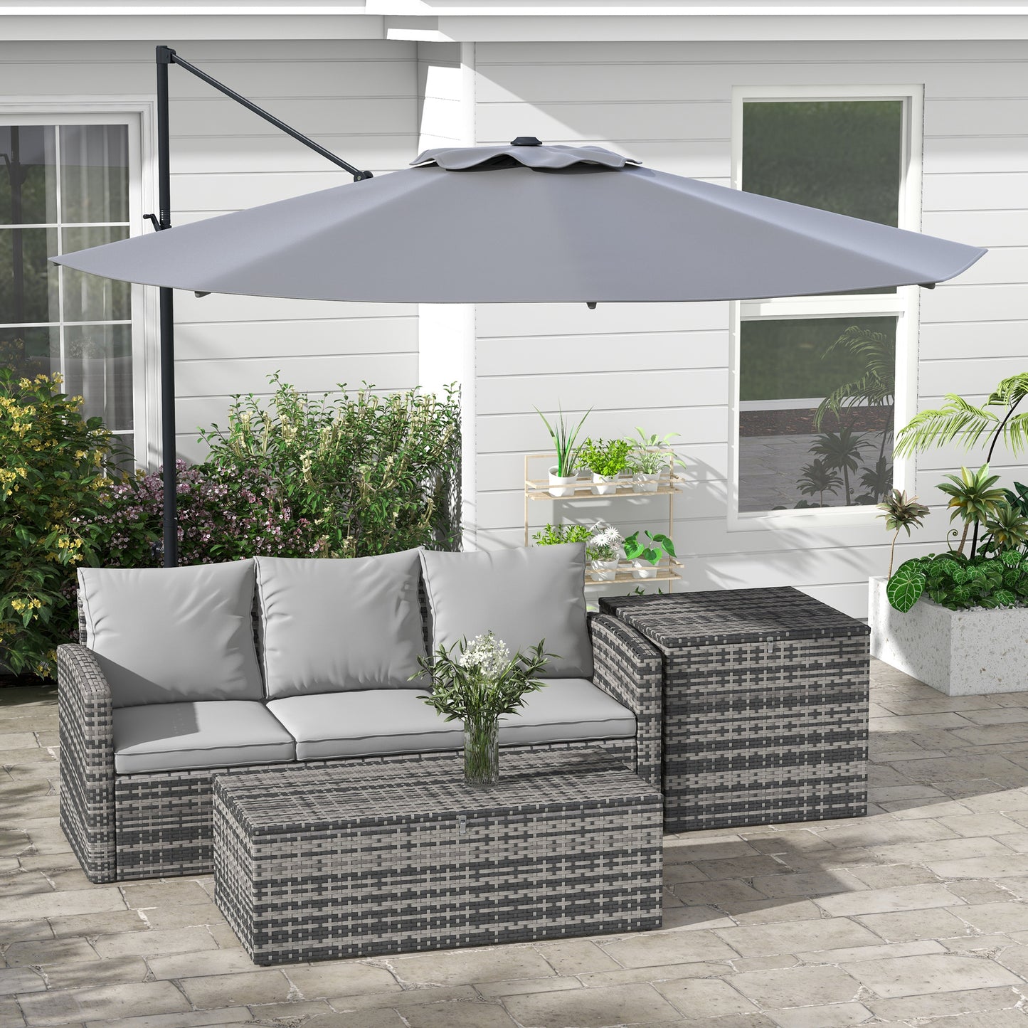 Outsunny Sunshade Sanctuary: 10FT Offset Cantilever Umbrella with 360° Rotating Aluminum Frame, Crank Lift 8 Ribs Cross Base Gray |