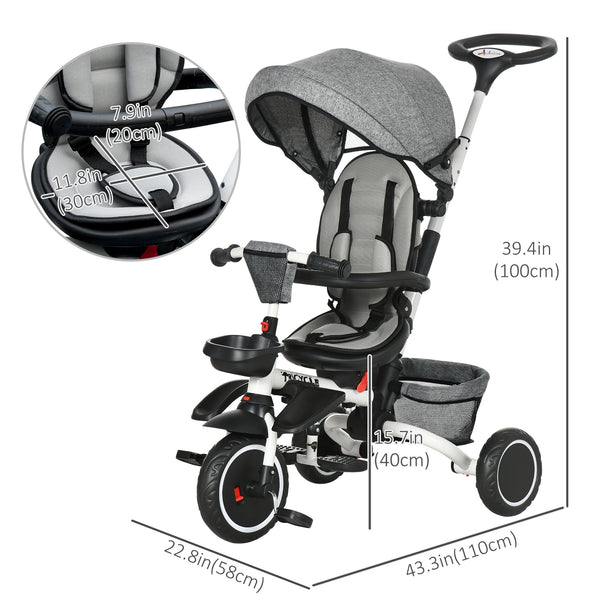 Tricycle 6 en 1 pour tout-petits de 12 à 50 mois, pliable, avec siège réglable, harnais de sécurité, auvent amovible, repose-pieds, gris