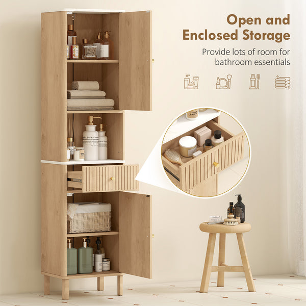 Armoire haute de salle de bain effet chêne avec 2 armoires, tiroir et tablette ouverte, Effet chêne