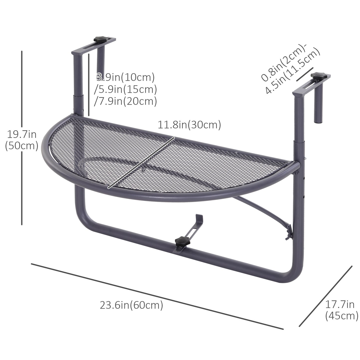 Outsunny Balcony Bliss: Hanging Rail Table, Adjustable Metal Wall Desk, Outdoor Storage Rack, Flower Stand, Serving Table, Gray |