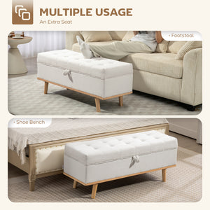 Banc ottoman de rangement avec couvercle relevable et pieds en bois, blanc crème