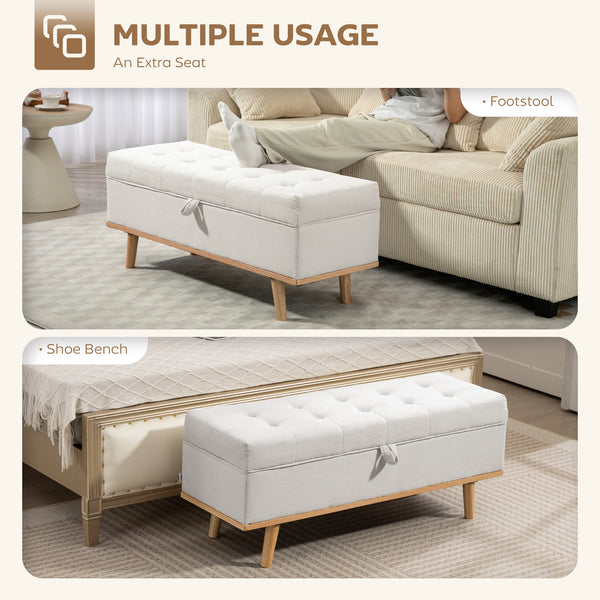 Banc ottoman de rangement avec couvercle relevable et pieds en bois, blanc crème