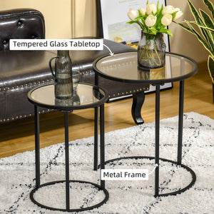 Lot de 2 tables d'appoints ronde avec plateau en verre trempé, noir