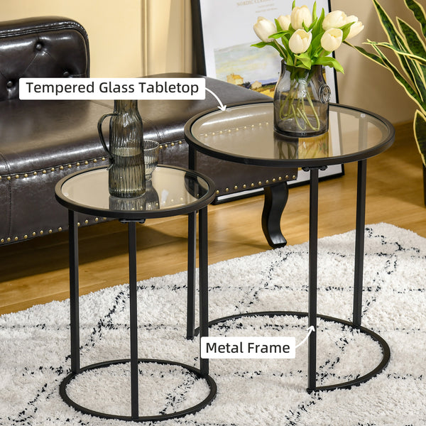 Lot de 2 tables d'appoints ronde avec plateau en verre trempé, noir