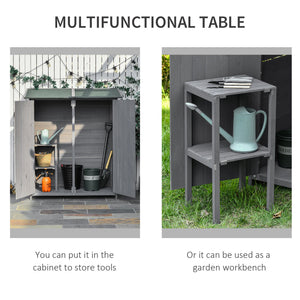 Abri de jardin avec toit en asphalte, double porte en bois, étagère, vert et gris