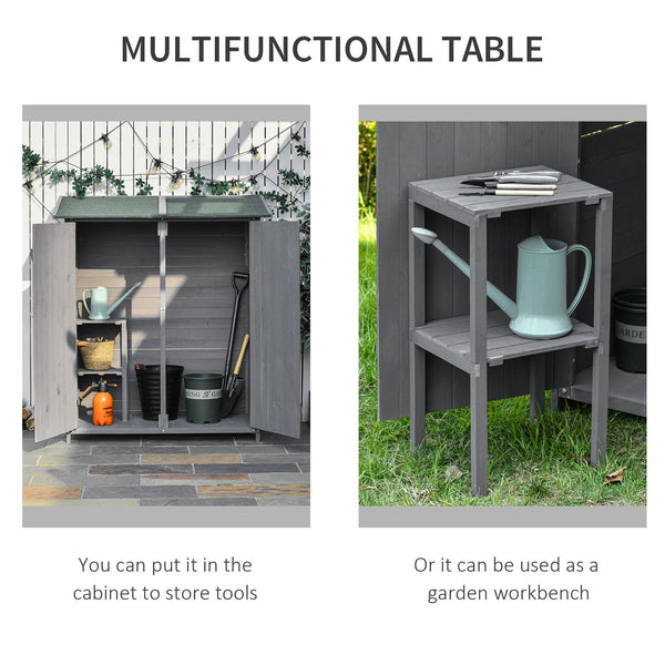 Abri de jardin avec toit en asphalte, double porte en bois, étagère, vert et gris