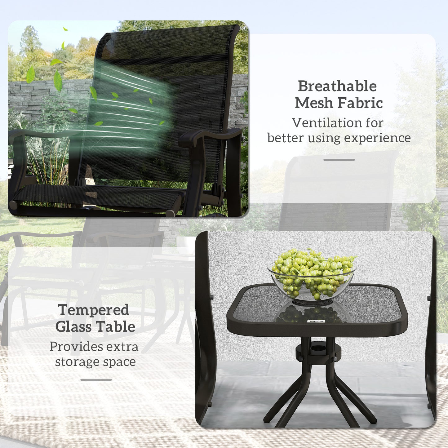Outsunny 3PCs Gliding Rocking Chair &amp; Bistro Tea Table Set, Black |