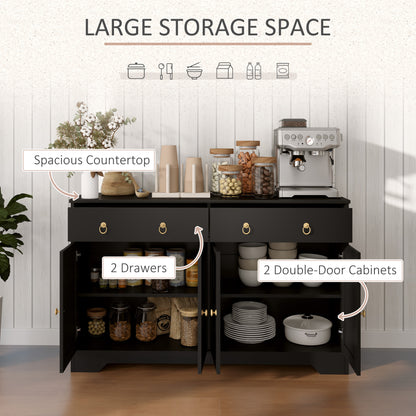 Buffet avec 2 tiroirs, 4 portes de grange et 2 étagères réglables, noir