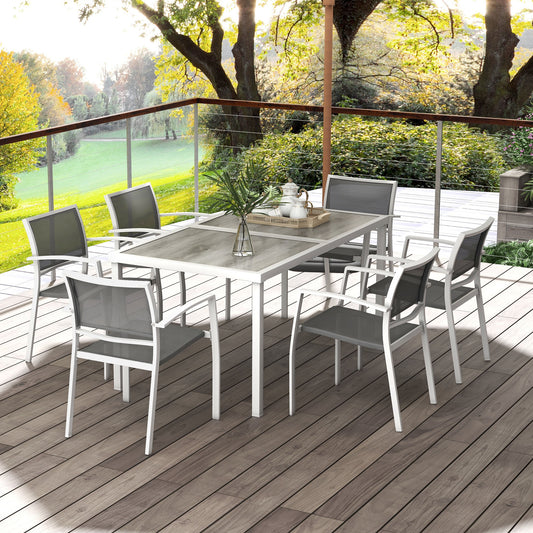 Ensemble de salle à manger d’extérieur 7 pièces blanc avec 6 chaises empilables et une table, idéal pour patio ou jardin