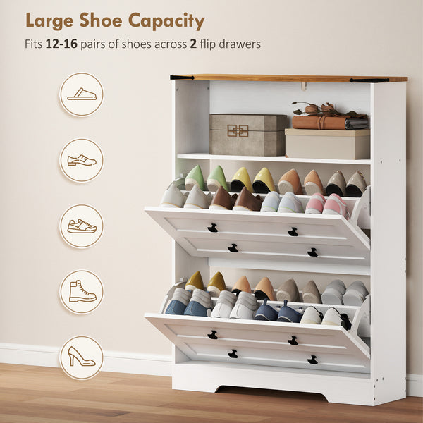 Shoe cabinet with 2 tilt-out shoe drawers, white
