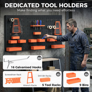Organisateur mural d’outils avec 3 panneaux, 9 bacs, 5 supports et 16 crochets – Noir et orange