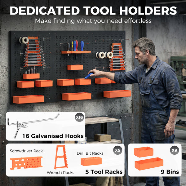Organisateur mural d’outils avec 3 panneaux, 9 bacs, 5 supports et 16 crochets – Noir et orange