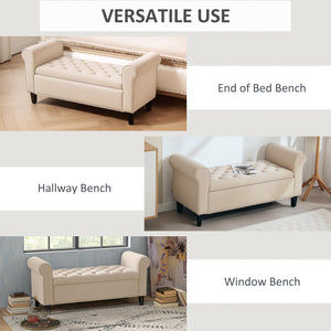 50 Inches Storage Ottoman, Upholstered Bedroom Bench with Rolled Arms and Button Tufted Storage, Beige