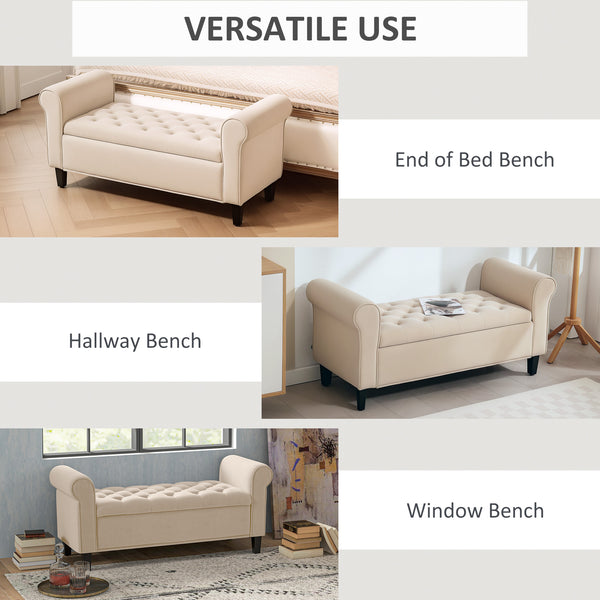 50 Inches Storage Ottoman, Upholstered Bedroom Bench with Rolled Arms and Button Tufted Storage, Beige