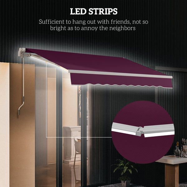 Store banne rétractable manuel 10' x 8' avec éclairage LED, cadre en aluminium, pare-soleil pour porte-fenêtre, rouge vin