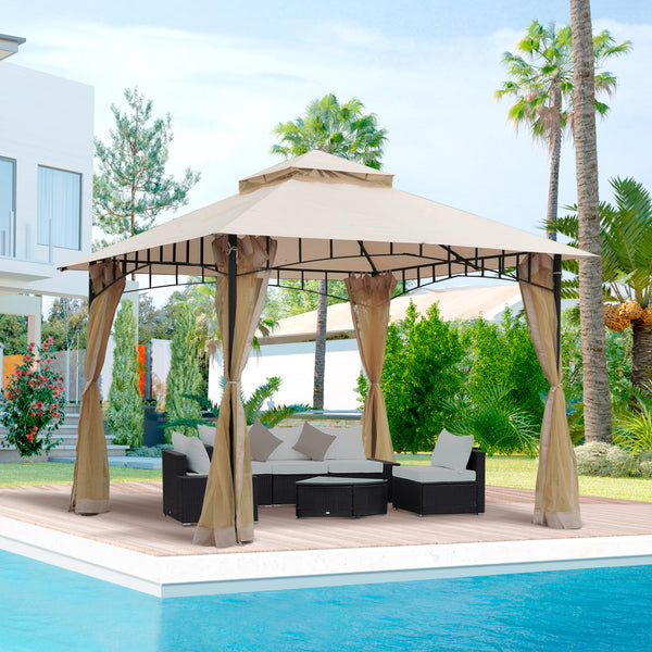 Gazebo 10 x 10 avec structure métallique et parois latérales en maille, beige