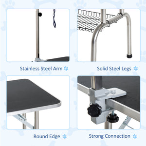 Stainless steel dog grooming table with adjustable arm and basket