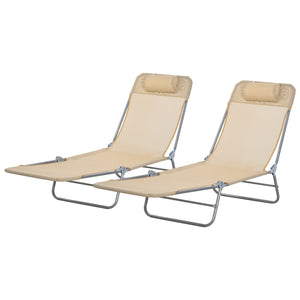 Folding Outdoor Lounge Chair Set of 2, Reclining Tanning Chair with 5-Position Adjustable Backrest, Brown