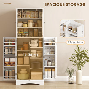 Armoire de cuisine avec portes en acrylique à fermeture amortie, 10 étagères et 8 supports de porte, blanche.