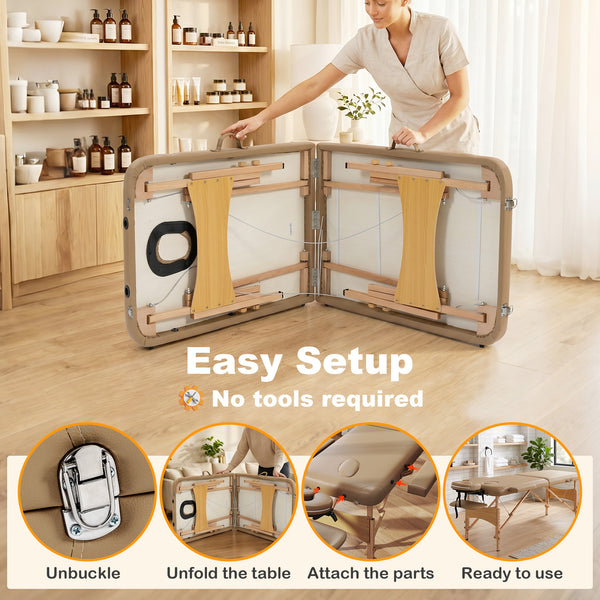 Table de massage pliante professionnelle réglable sur 9 niveaux avec accessoires – Brun pâle