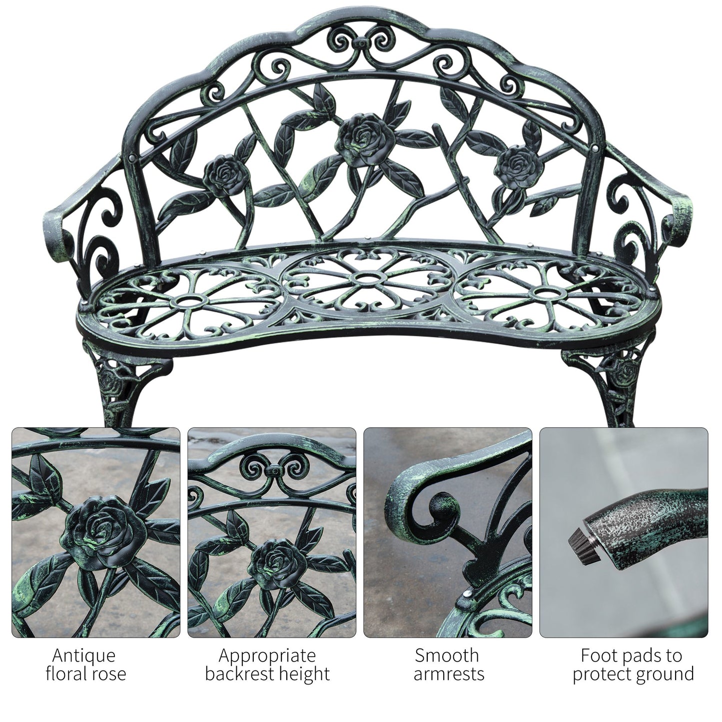 Outsunny 40 Inch Outdoor Garden Bench Cast Aluminum Antique Rose Style for Patio Park Yard Porch Balcony Lawn Green