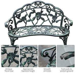 Banc de jardin d'extérieur en aluminium moulé, style rose antique, vert