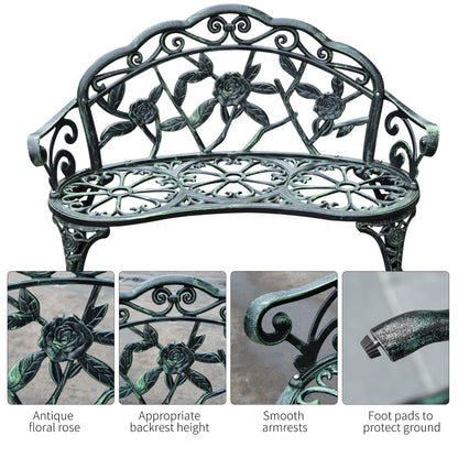Outsunny 40 Inch Outdoor Garden Bench Cast Aluminum Antique Rose Style for Patio Park Yard Porch Balcony Lawn Green