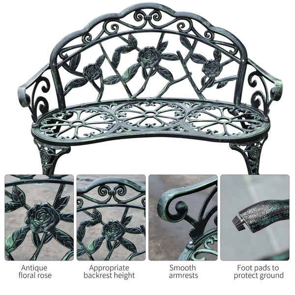 Banc de jardin d'extérieur en aluminium moulé, style rose antique, vert