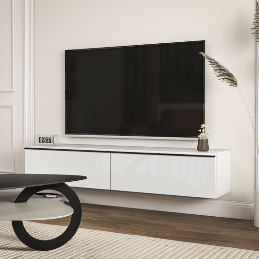 Meuble TV mural flottant pour téléviseurs jusqu'à 70 pouces avec rangement, effet brillant, blan